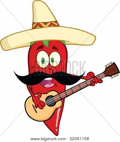 Red Chili Pepper Character With Mexican Hat And Mustache Playing A Guitar