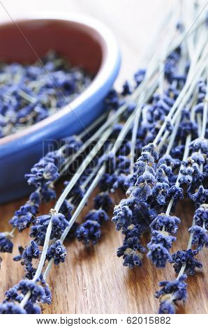 Bunch of dried lavender herb and lavender flowers in a bowl