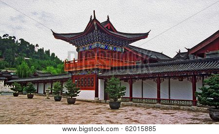 Ornamental Courtyard Of Palace In Lijiang, China, Oil Paint Stylization