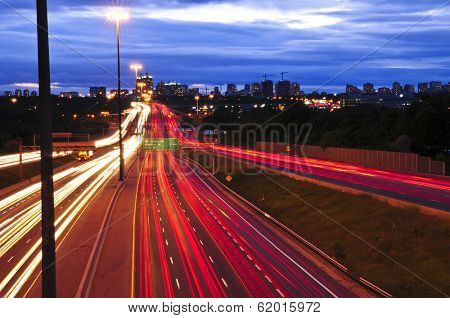 Night traffic on a busy city highway in Toronto