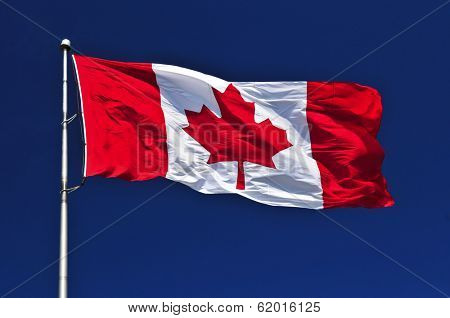 Flag of Canada waving in the wind on blue sky background