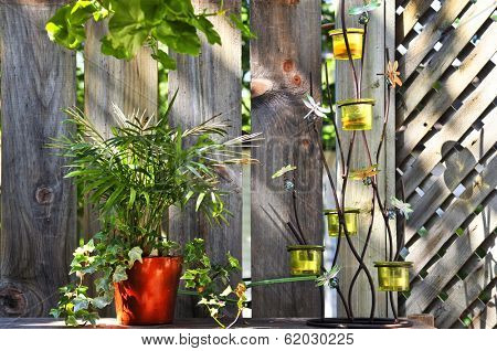 Wooden house deck decorated with flower pots and candle holder