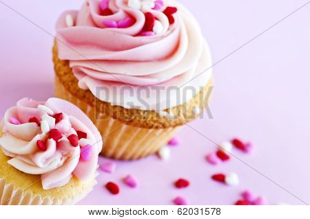 Big and small cupcakes with icing and sprinkles