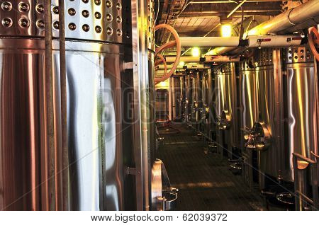 Wine making vats and equipment in tour of winery