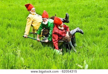 Three Garden Gnomes Enjoy Children At The Festival For Inauguration The New Quellenpark