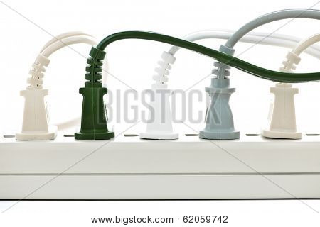 Many plugs plugged into electric power bar