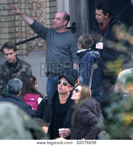 BUDAPEST - OCTOBER 13: Angelina Jolie and Brad Pitt  on the set of the Bosnian war drama she is currently directing in Budapest, Hungary, on Wednesday, October 13, 2010. Photographer: Northfoto