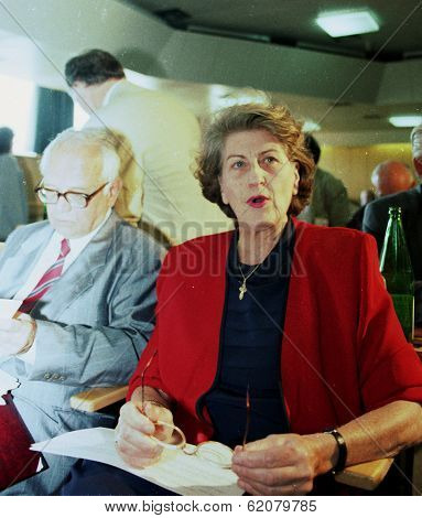 PALE, BOSNIA - JUNE 10: Bosnian Serb president Biljana Plavsic attends a session of the Bosnian Serb parliament in Pale, Bosnia, on Monday, June 10, 1996.