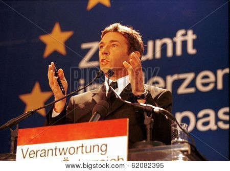 VIENNA, AUSTRIA - FEB 3: Austrian far-right politician Joerg Haider speaks in Vienna, Austria, on Thursday, February 3, 2000. Haider's past admiration for Adolf Hitler drew international criticism. Haider died in 2008.