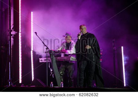 BUDAPEST, HUNGARY, 04 AUGUST 2004 -  The Pet Shop Boys perform in concert at the annual Sziget music festival in Budapest, Hungary. From left keyboarder Chris Lowe and singer Neil Tennant.