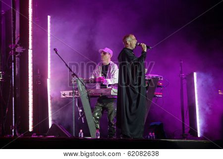 BUDAPEST, HUNGARY, 04 AUGUST 2004 -  The Pet Shop Boys perform in concert at the annual Sziget music festival in Budapest, Hungary. From left keyboarder Chris Lowe and singer Neil Tennant.