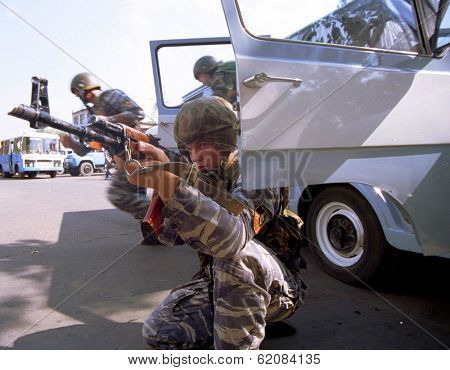 MOSCOW - AUGUST 6:  Russia's elite OMON special police force practice an assault at a training ground in Moscow, Russia, on Sunday,  August 6, 2000.