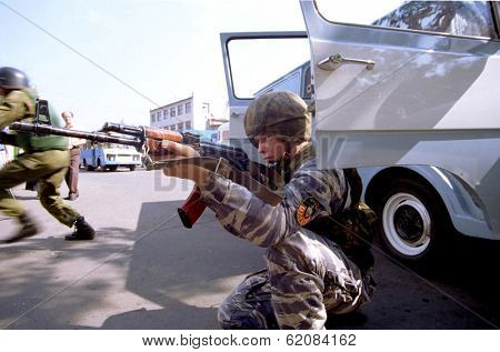 MOSCOW - AUGUST 6:  Russia's elite OMON special police force practice an assault at a training ground in Moscow, Russia, on Sunday,  August 6, 2000.