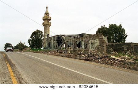 ALONEI HA'BASHAN, ISRAEL - MARCH 28:  A destroyed mosque is all that is left of this one-time Syrian village high in the Golan Heights on March 28, 2000 in Alonei Ha'bashan, Israel.