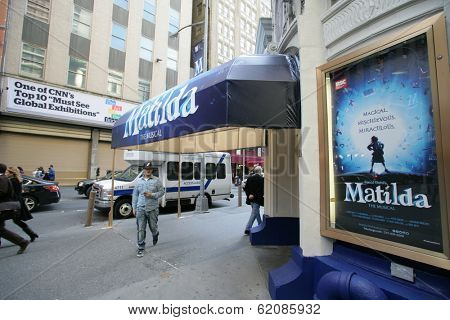 NEW YORK CITY - APRIL 19: People walk past the Shubert Theater featuring the Broadway play Matilda in New York City, on Friday, April 19, 2013.