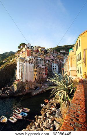 RIOMAGGIORE - ITALY: AUG 17: The town of Riomaggiore, Italy, on Sunday, August 17, 2013. The village is one of five making up Cinque Terre. 