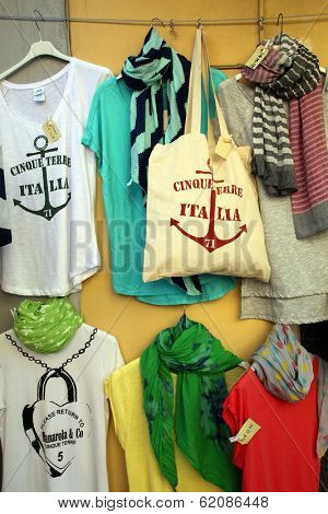 CORNIGLIA- ITALY: AUG 17: Clothing on display promoting Cinque Terre in Corniglia, Italy, on Sunday, August 17, 2013. 