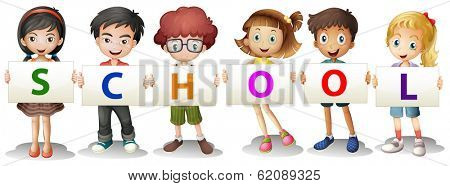 Illustration of the kids forming the school letters on a white background