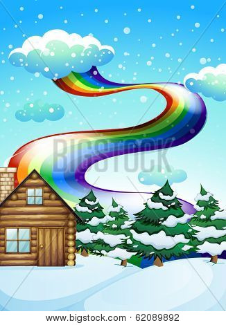 Illustration of a wooden house near the pine trees with a rainbow uphigh