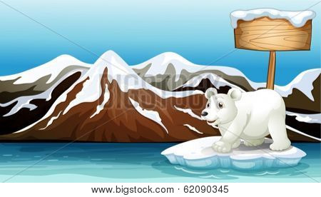 Illustration of an iceberg in the ocean with an empty signboard and a Polar bear