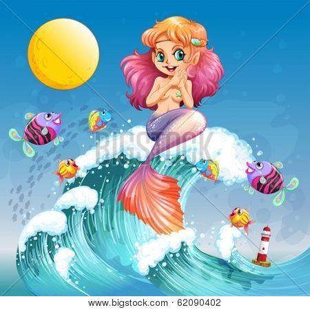 Illustration of a happy mermaid above the sea waves