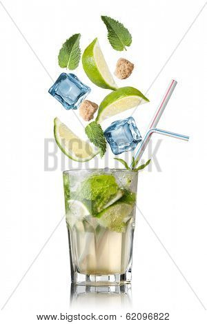 mohito cocktail with falling ingredients isolated on white