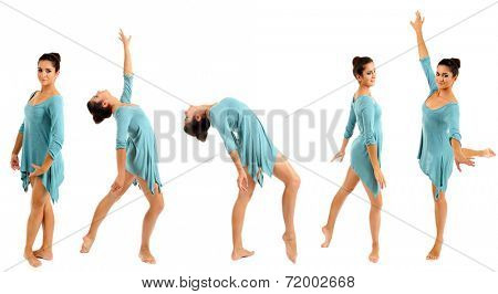 Beautiful young ballerina in blue dress isolated on white