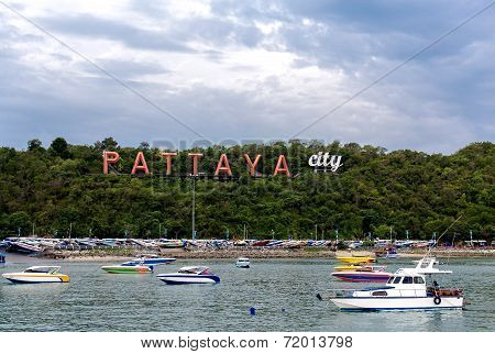City Of Pattaya Sign With Floating Boat