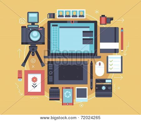 Vector flat photographer objects and elements.