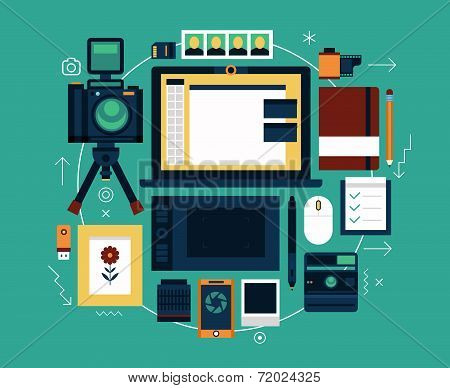 Vector flat photographer objects and elements.