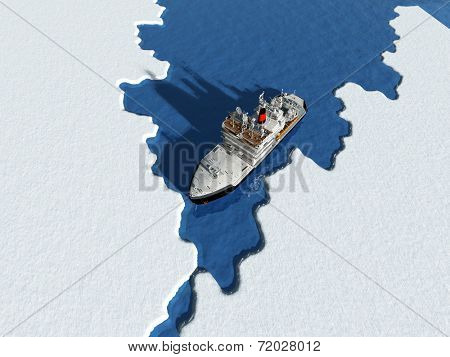 Icebreaker ship on the ice in the sea.