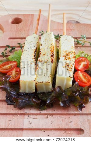 Brazilian Grilled Cheese Snack Queijo Coalho, Tomato, Hydroponic On Cutting Board