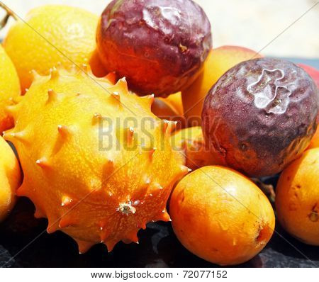 Exotic Fruits: Orange, Kiwano, Loquat, Peach And Passionfruit