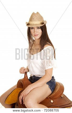 Brunette Cowgirl Sit On Saddle Look Slight Smile