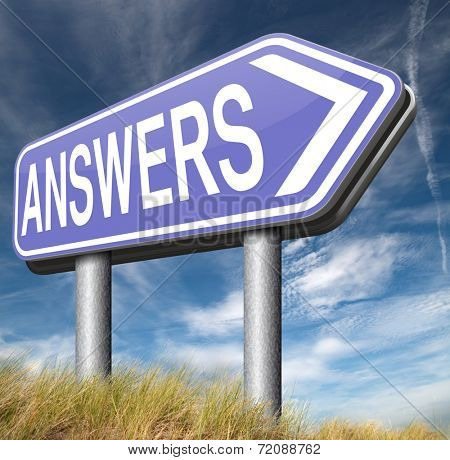 find answers indicating way to solve problems answer road sign search answer and discover truth text and word concept