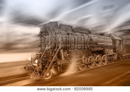 Steam Train Goes Fast On The Night Station Background.