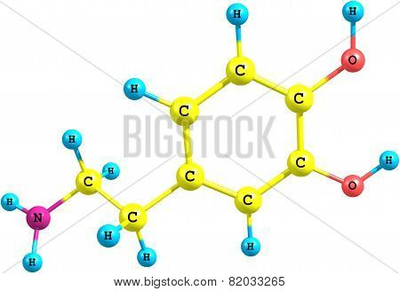 Structural model of Dopamine. It is a neurotransmitter affecting behaviour, sleep, learning, perception of pain, mood and motivation.