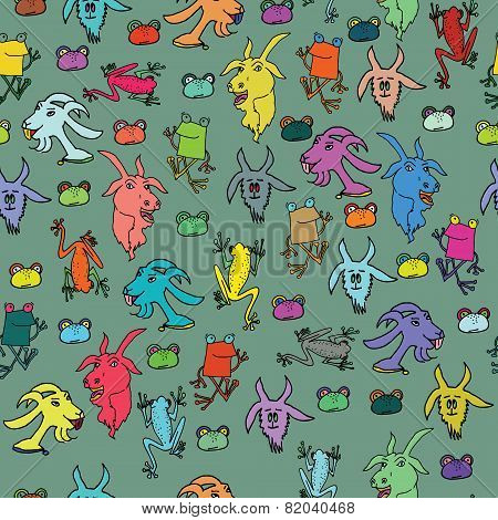 Seamless pattern with goats and frogs