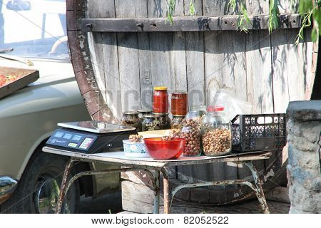 Roadside trade in Crimea nuts, adjika, mushrooms, jam