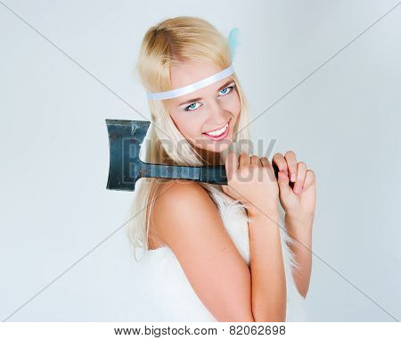 The Girl In A Fur Cape With An Axe
