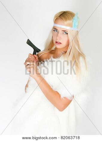 The Girl In A Fur Cape With An Axe