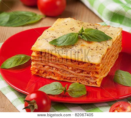 Tasty Flavorful Lasagna On A Plate And Ingredients