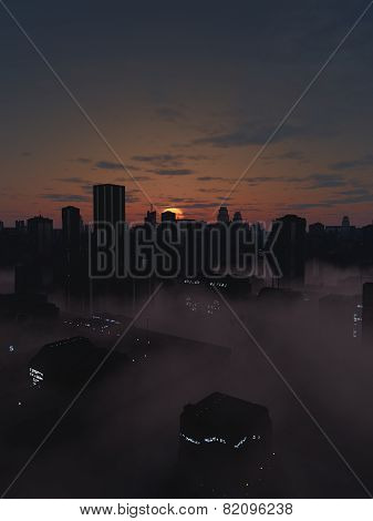Future City in Misty Sunrise