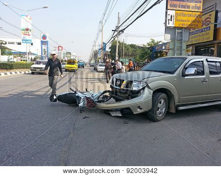 Crash Accident Pickup Truck And Motorcycle