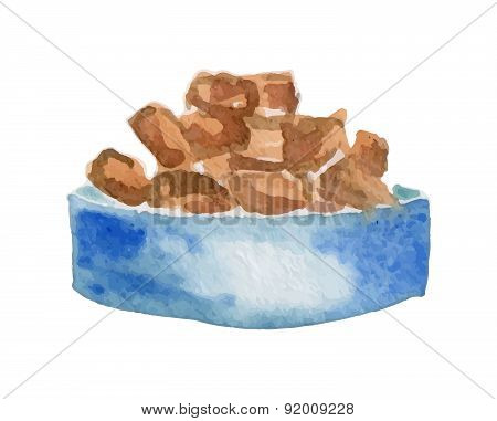 Watercolor Vector Illustration Of Dog Food On A White Background. Hand Drawn.