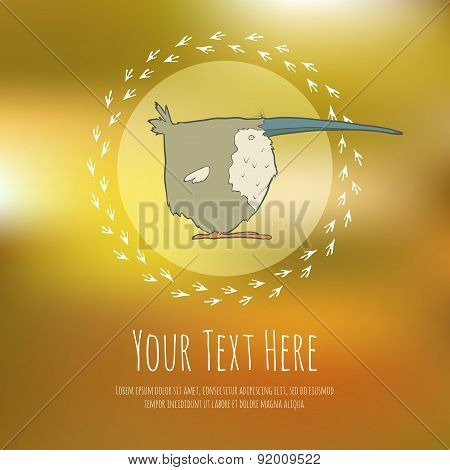 Hand drawn vector cartoon bird on blurred background. Greeteng or invitation card with place for you