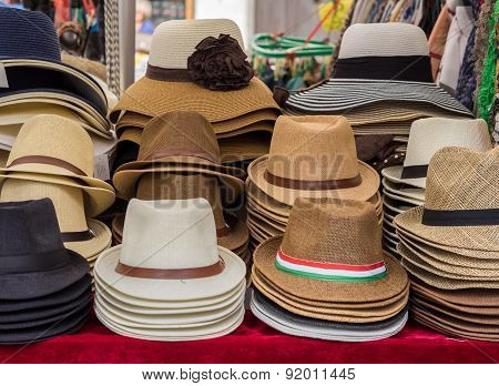 Hats On Display On Market Stall