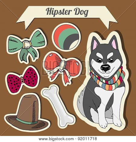 Vector Hipster Husky Dog With A Dog With A Set Of Toys: Ball, Bows, Bone , Hat. Hand Drawn Colorful