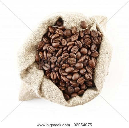 Sack Full Of Coffee Beans On White View From Above