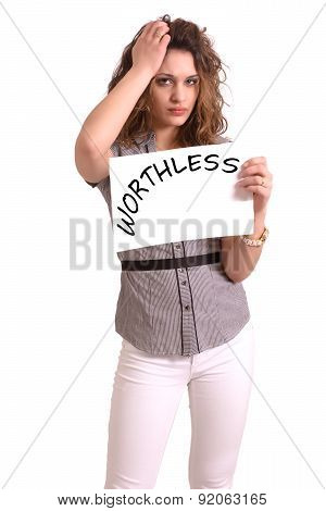 Uncomfortable Woman Holding Paper With Worthless Text